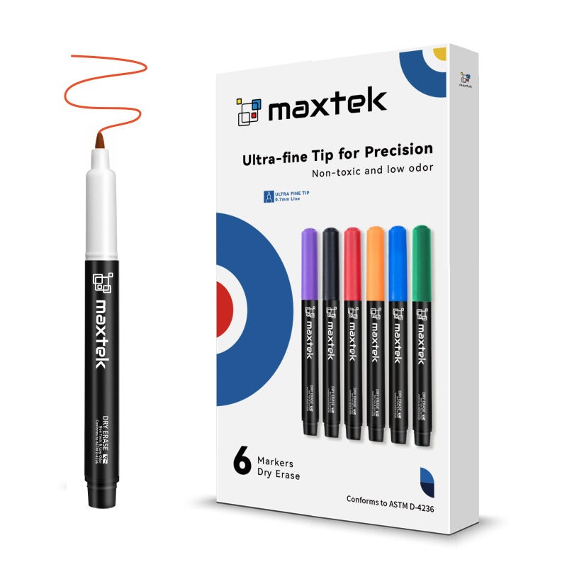 ماكتيك أقلام ماكستك للكتابة والمسح الجاف، رأس رفيع للغاية، 0.7 مم، لون فاتح، أقلام كتابة ومسح جاف برأس رفيع للغاية للتخطيط على السبورة البيضاء، ولوحات التقويم، عبوة من 6 أقلام - Image 1