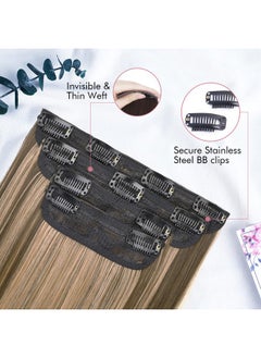 REECHO 24" Straight Long 4 Pcs Set Thick Clip In On Hair Extensions Chocolate Brown With Blonde Highlights  - Image 4