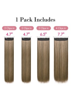 REECHO 24" Straight Long 4 Pcs Set Thick Clip In On Hair Extensions Chocolate Brown With Blonde Highlights  - Image 3