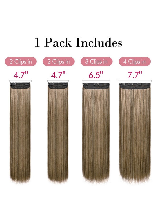 REECHO 24" Straight Long 4 Pcs Set Thick Clip In On Hair Extensions Chocolate Brown With Blonde Highlights - Image 3