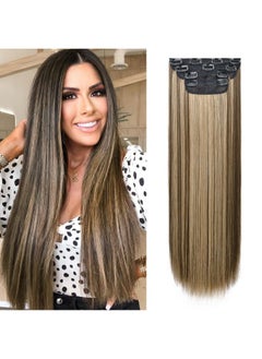 REECHO 24" Straight Long 4 Pcs Set Thick Clip In On Hair Extensions Chocolate Brown With Blonde Highlights  - Image 1