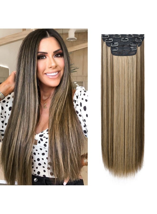 REECHO 24" Straight Long 4 Pcs Set Thick Clip In On Hair Extensions Chocolate Brown With Blonde Highlights - Image 1