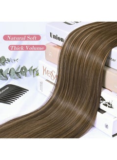REECHO 24" Straight Long 4 Pcs Set Thick Clip In On Hair Extensions Chocolate Brown With Blonde Highlights  - Image 2
