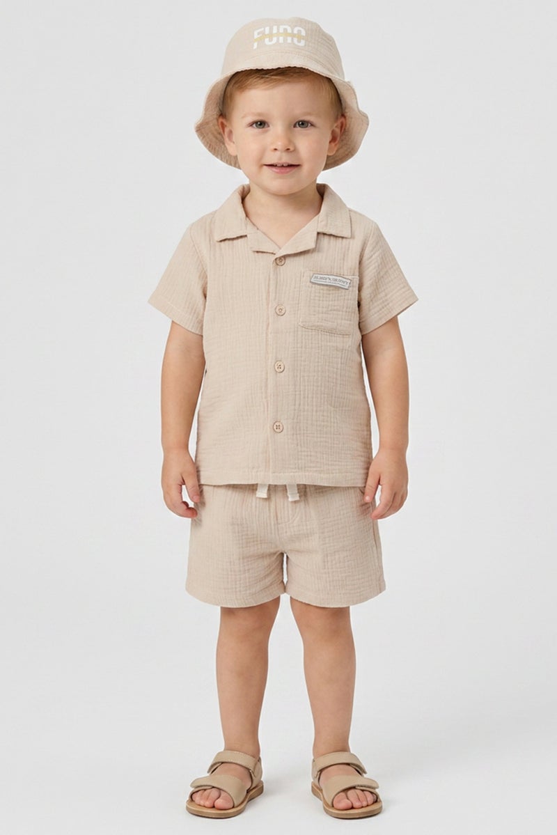 Fudo Toddlers Boy 3 Pieces Brand Logo Shirt And Shorts With Hat Set, Beige - Image 1