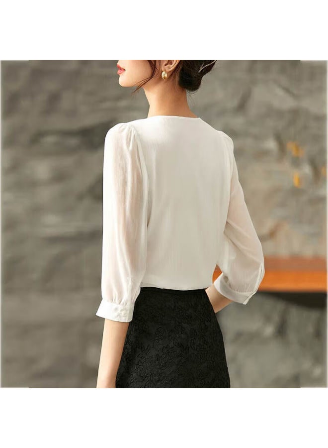 Sentubila Fashion Round Neck Seven-quarter Sleeve Chiffon Shirt Women's Autumn High-end Girly Sense Temperament Commuting Top White L - Image 3