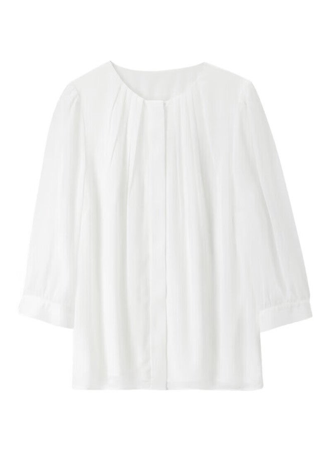 Sentubila Fashion Round Neck Seven-quarter Sleeve Chiffon Shirt Women's Autumn High-end Girly Sense Temperament Commuting Top White L - Image 4