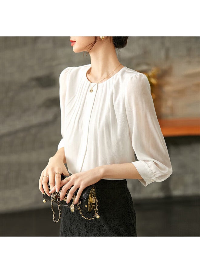 Sentubila Fashion Round Neck Seven-quarter Sleeve Chiffon Shirt Women's Autumn High-end Girly Sense Temperament Commuting Top White L - Image 2
