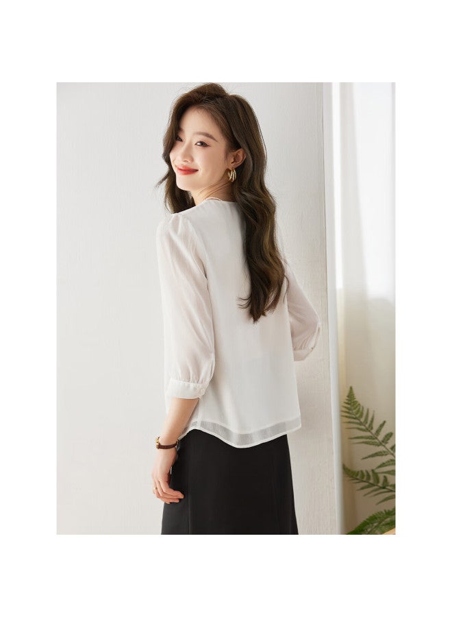Sentubila Fashion Round Neck Seven-quarter Sleeve Chiffon Shirt Women's Autumn High-end Girly Sense Temperament Commuting Top White L - Image 1