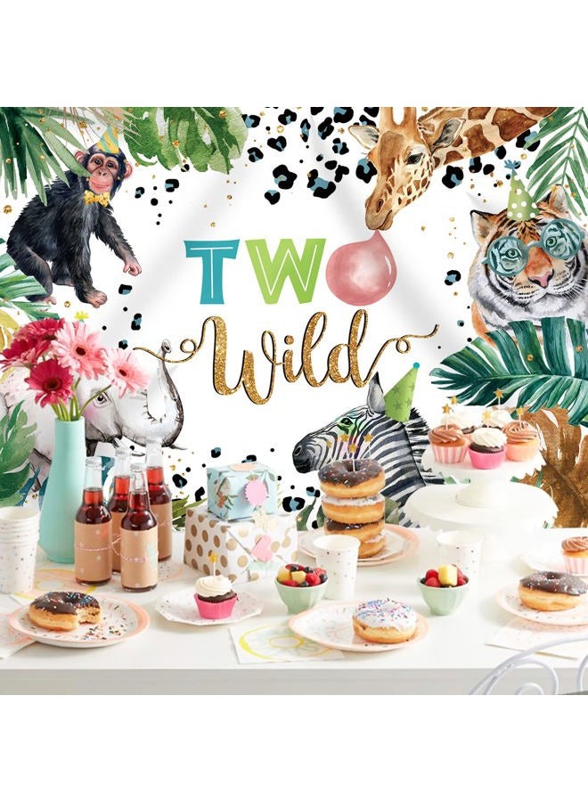 Rsuuinu Two Wild Backdrop for Kids Boys Jungle Safari Animals 2nd Birthday Party Decorations Floral Leopard Photography Background Birthday Cake Table Banner Supplies Photo Booth Studio Props 7x5ft - Image 4