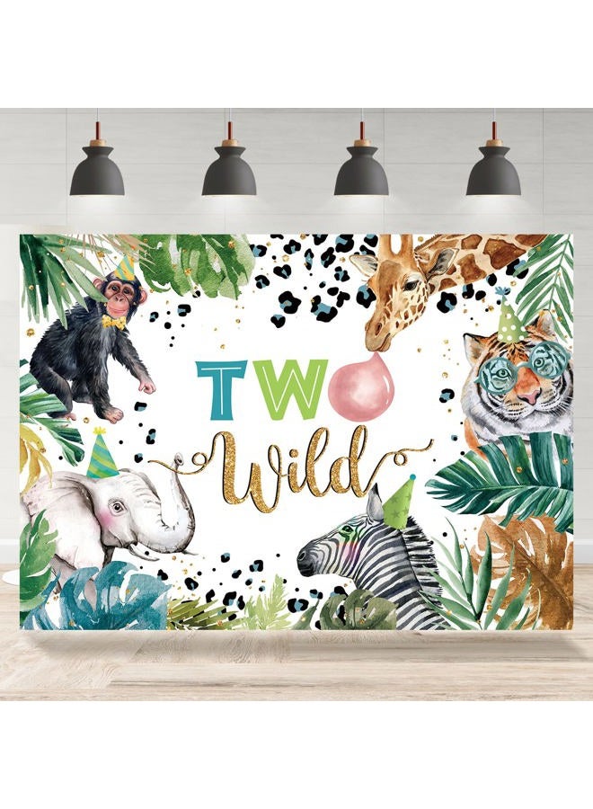 Rsuuinu Two Wild Backdrop for Kids Boys Jungle Safari Animals 2nd Birthday Party Decorations Floral Leopard Photography Background Birthday Cake Table Banner Supplies Photo Booth Studio Props 7x5ft - Image 1
