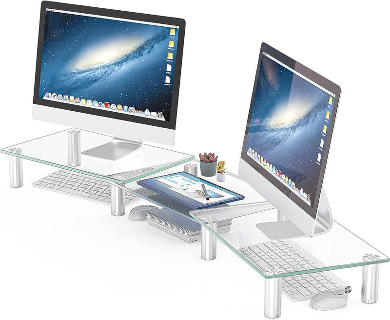 Hemudu Dual Monitor Stand -Adjustable Length and Angle Dual Monitor Riser, Computer Monitor Stand, Desktop Organizer, Monitor Stand Riser for PC, Computer, Laptop (Clear) - Image 1