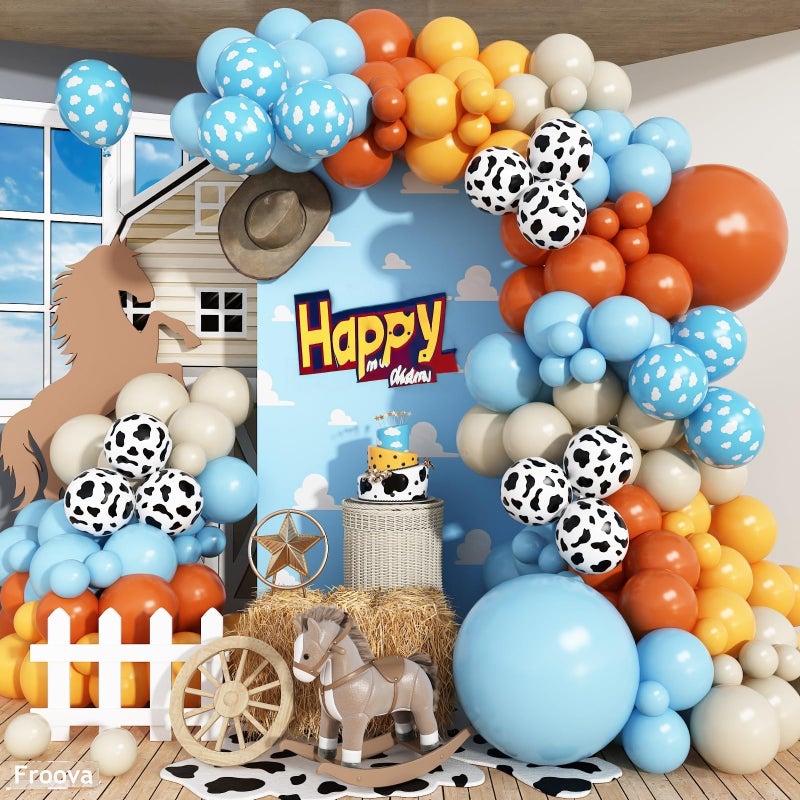 Froova Western Balloon Arch Kit 123pcs Retro Burnt Orange Pastel Blue Mustard Yellow Balloon Garland with Cow Print Cloud Print Balloons for Boy Story Baby Shower First Rodeo Farm Adventure Decorations - Image 2