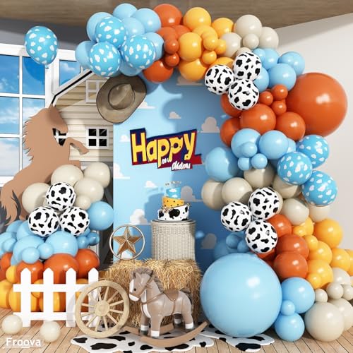 Froova Western Balloon Arch Kit 123pcs Retro Burnt Orange Pastel Blue Mustard Yellow Balloon Garland with Cow Print Cloud Print Balloons for Boy Story Baby Shower First Rodeo Farm Adventure Decorations - Image 1