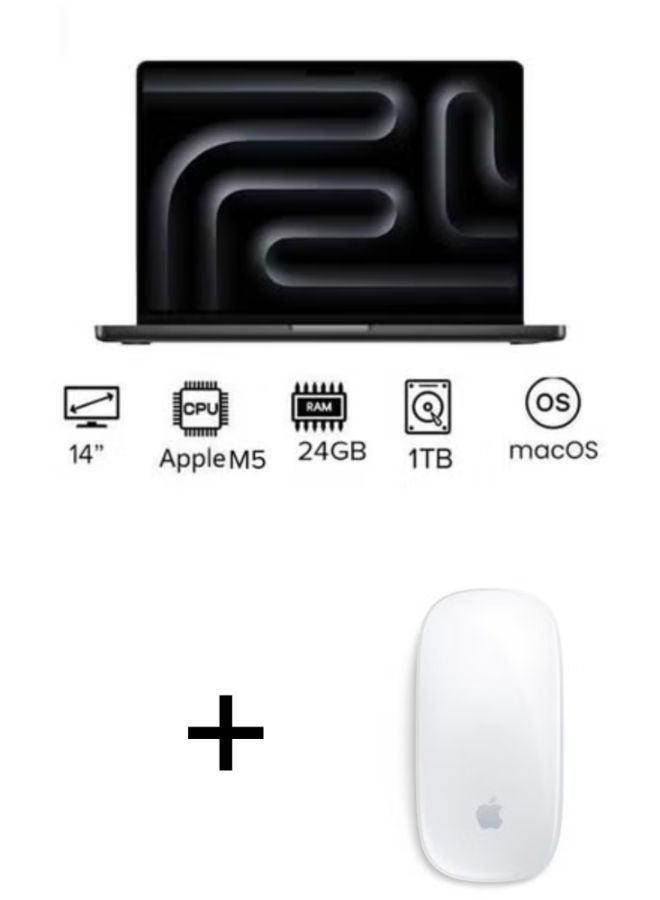 Apple MacBook Pro MDE34 Laptop with 14 Inch Full HD / M5 chip with 10-core CPU, 10-core GPU / 24 Gigabyte / 1 Terabyte SSD / Integrated Graphics Card / English/Arabic Keyboard with apple Magic Mouse (USB-C Port) - White Multi-Touch Surface (2024) - Official Stock English/Arabic Space Black - Image 1