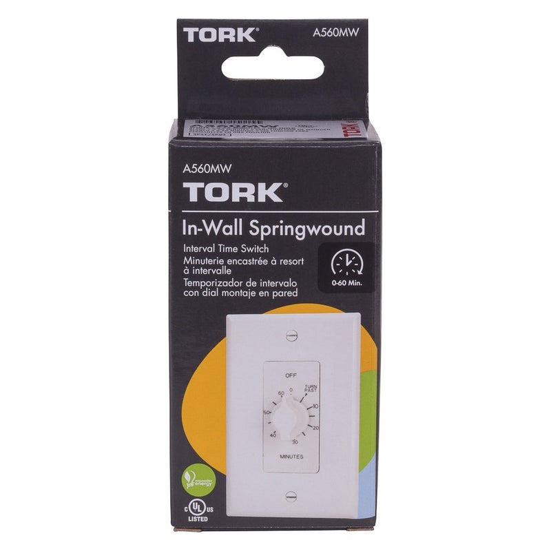 NSI TORK A560MW Spring-Wound In-Wall Twist Timer with 60-Minute Length and White Faceplate, for Automatic Shutoff of Fans or Lights - Image 4