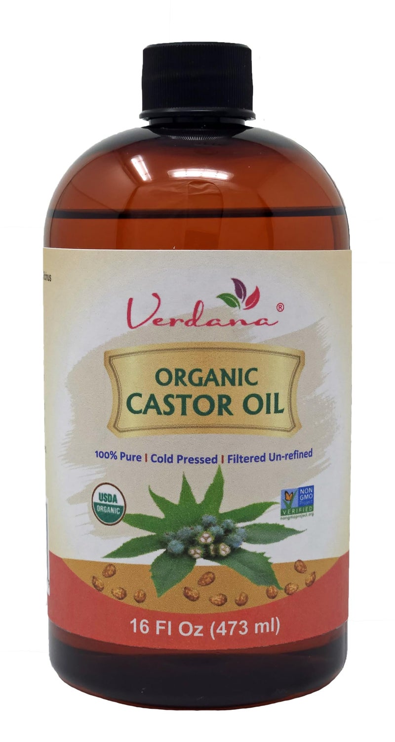 Verdana Organic Castor Oil â€“ 16 Fl Oz Size â€“ Cold Pressed, Unrefined, Hexane-Free â€“ USDA Organic â€“ Natural Moisturizer for Hair Growth, Eyelashes, Skin, Scalp & Castor Oil Packs - Image 1