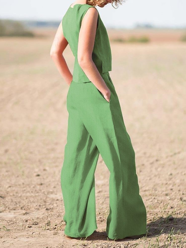 Barbora Linen Casual Sleeveless Top and Bottom Women's Set LN08HAKI13  - Image 1