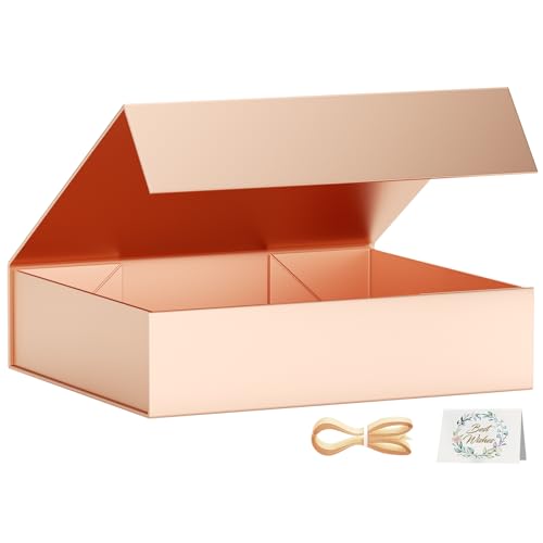 PSHVYM Gift Boxes with Lids, 11.5x7.8x3 In Rose gold Gift Box for Presents Magnetic Closure for T-Shirts, Gloves, Scarves, Books, Baby Clothes, Robes Clothing Gift Wrap, Contains Card, Ribbon - Image 1