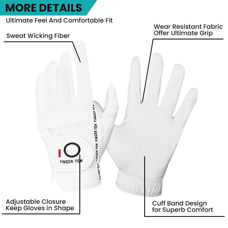 FINGER TEN Men's Golf Gloves for Right Left Handed Golfer Rain Grip Value 2 Pack, Golf Glove for Left or Right Hand Hot Wet Weather No Sweat Black Gray White Blue (White, M/Large-Worn on Right Hand) - Image 2