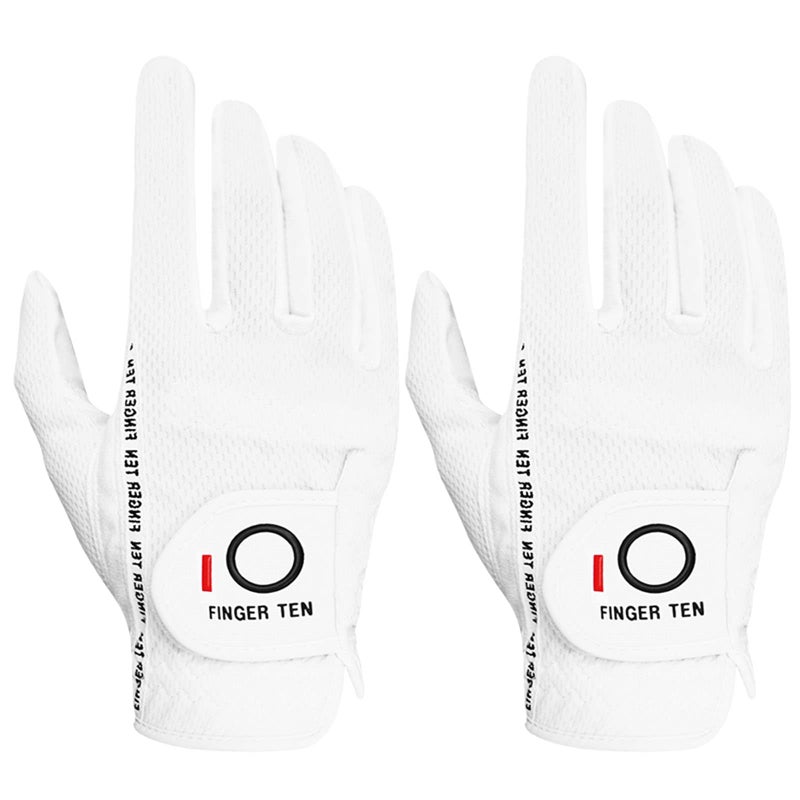 FINGER TEN Men's Golf Gloves for Right Left Handed Golfer Rain Grip Value 2 Pack, Golf Glove for Left or Right Hand Hot Wet Weather No Sweat Black Gray White Blue (White, M/Large-Worn on Right Hand) - Image 1