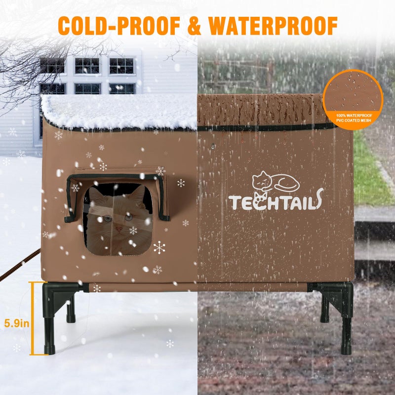 TECHTAIL Heated Outdoor Cat House for Outside Winter, Insulated Weatherproof Feral Cat House with Slanted Roof, Escape Door & Heating Pad, Elevated Cat Shelter Bed for Outdoor Cats Stray Barn Cat (Coffee) - Image 2