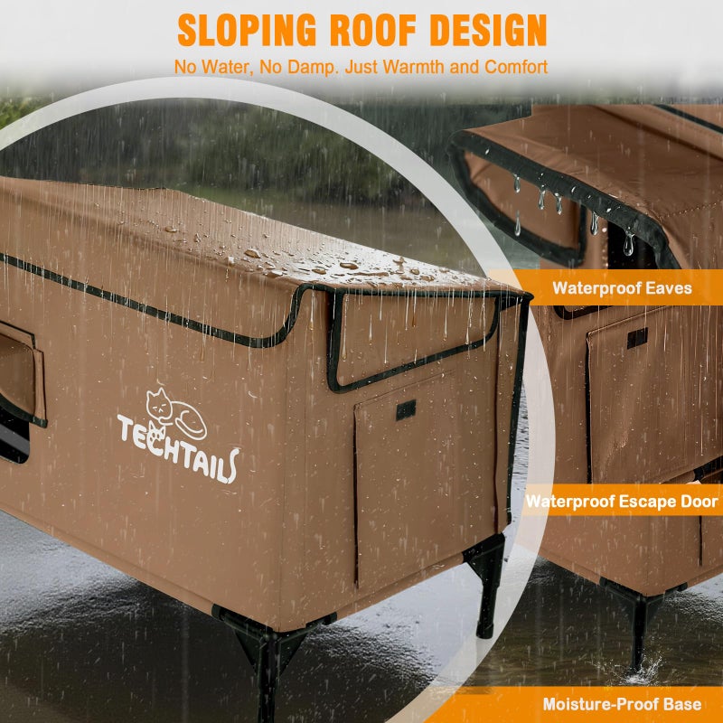 TECHTAIL Heated Outdoor Cat House for Outside Winter, Insulated Weatherproof Feral Cat House with Slanted Roof, Escape Door & Heating Pad, Elevated Cat Shelter Bed for Outdoor Cats Stray Barn Cat (Coffee) - Image 4