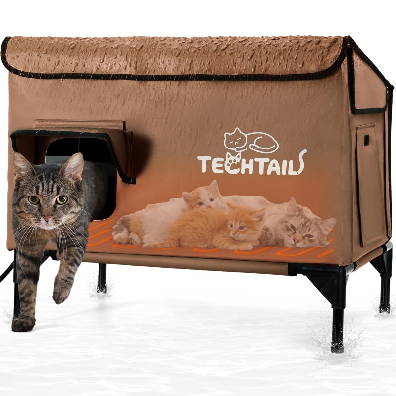 TECHTAIL Heated Outdoor Cat House for Outside Winter, Insulated Weatherproof Feral Cat House with Slanted Roof, Escape Door & Heating Pad, Elevated Cat Shelter Bed for Outdoor Cats Stray Barn Cat (Coffee) - Image 1