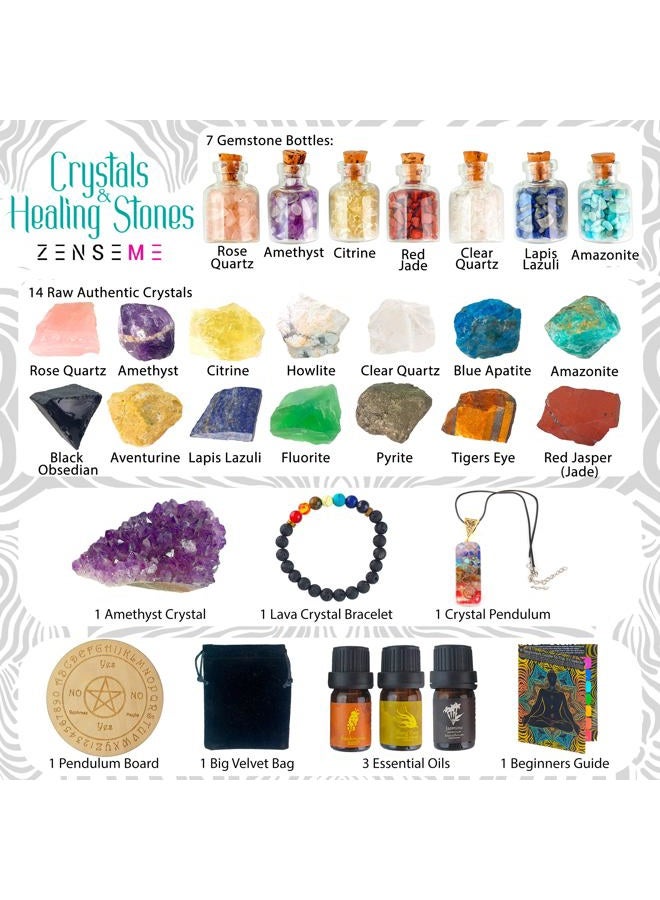 ZenseMe Crystals and Healing Stones Set 31Pcs - 14 Real Raw Chakra Rocks, 7 Gemstones Bottles, 3 Essential Oils, Pendant Necklace, Pendulum + Board, Amethyst Cluster, Bracelet, Bag, Beginners Guide by - Image 3