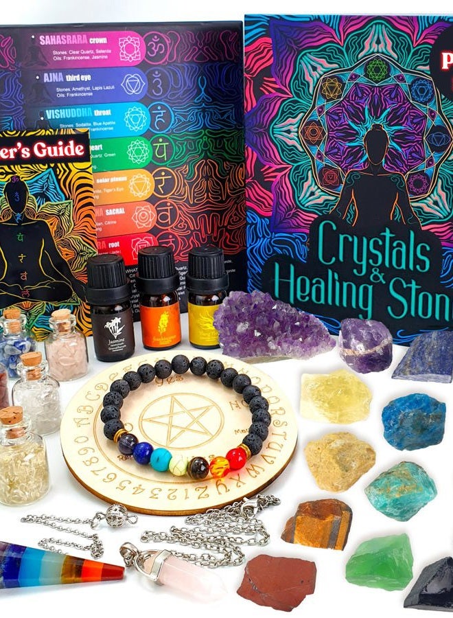 ZenseMe Crystals and Healing Stones Set 31Pcs - 14 Real Raw Chakra Rocks, 7 Gemstones Bottles, 3 Essential Oils, Pendant Necklace, Pendulum + Board, Amethyst Cluster, Bracelet, Bag, Beginners Guide by - Image 1
