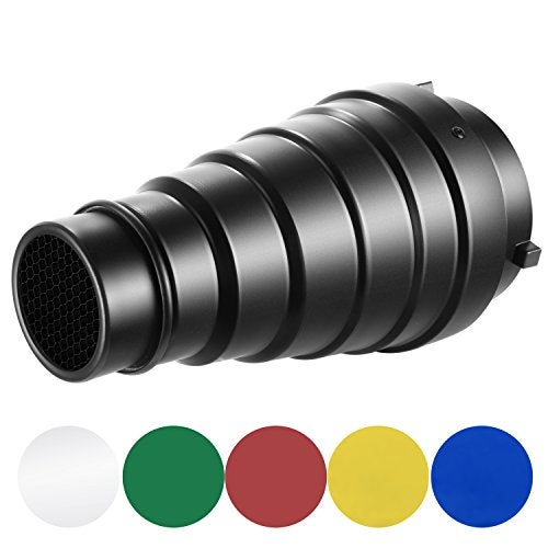 Neewer Neewer Large Aluminium Alloy Conical Snoot Kit with Honeycomb Grid and 5 Pieces Color Gel Filters for Bowens Mount - Image 1