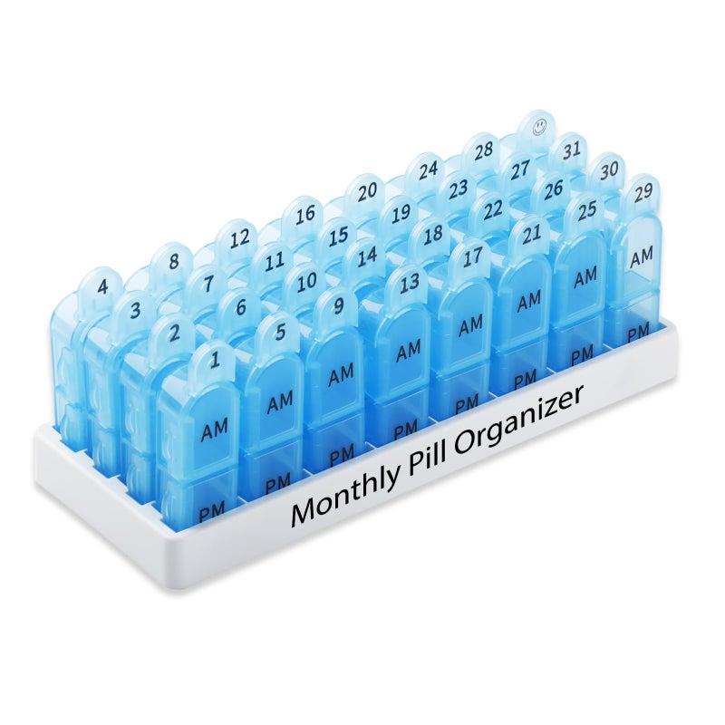 Daviky Monthly Pill Organizer 2 Times a Day, 30 Day Pill Box AM PM with Separate Container, One Month Medicine Case Twice a Day to Hold Vitamins, Supplements and Medication (Blue) - Image 1