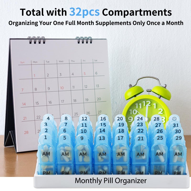 Daviky Monthly Pill Organizer 2 Times a Day, 30 Day Pill Box AM PM with Separate Container, One Month Medicine Case Twice a Day to Hold Vitamins, Supplements and Medication (Blue) - Image 4