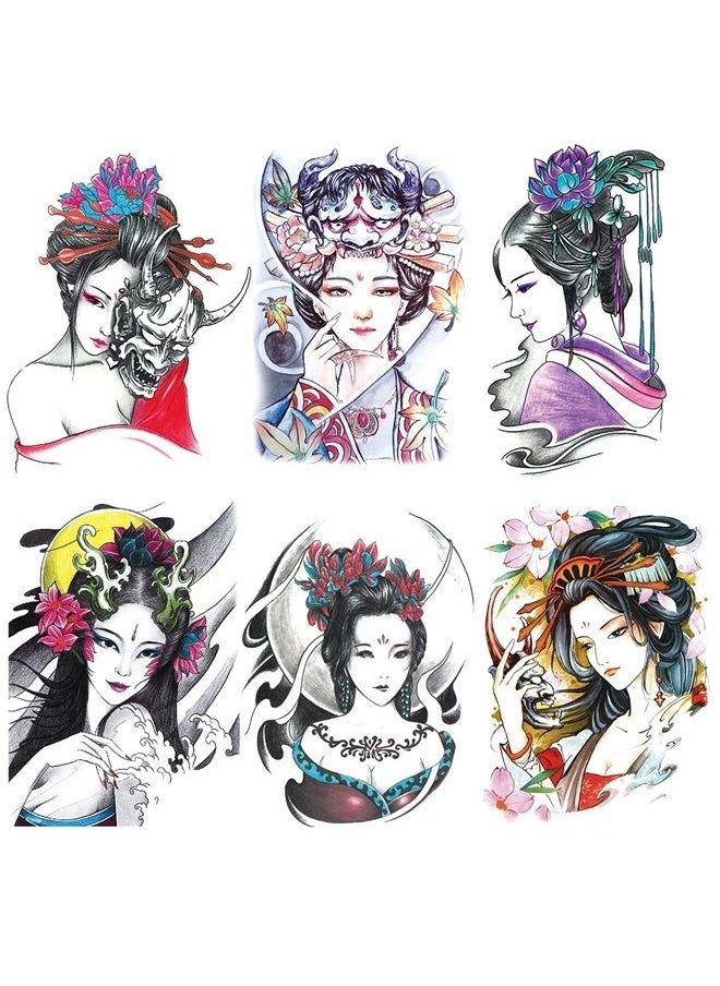 Oottati 6 Sheets Arm Waterproof Temporary Tattoo Stickers , Colorful Japanese Ancient Beauty Lady Women Hairpin Geisha Prajna Lotus, suit for Leg Back Thigh 