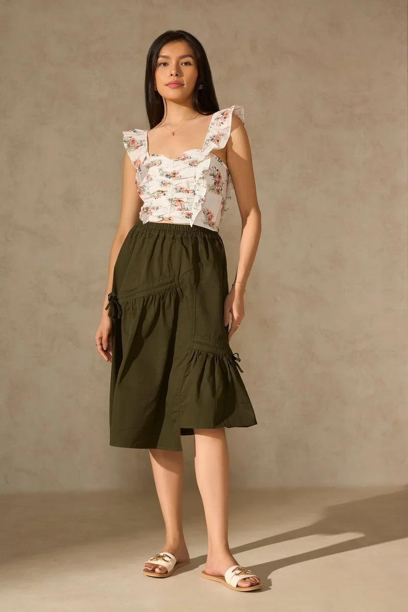 Virgio Virgio Women Pure Cotton Sleek A-Line Pure Cotton Gathered Midi Skirt