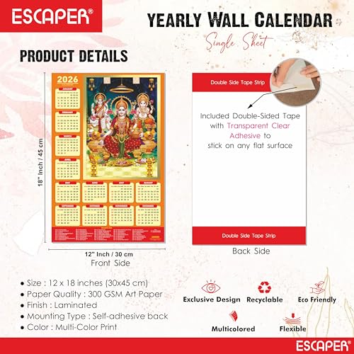 ESCAPER Laxmi Ji Religious Wall Calendar 2026 – 12 x 18 Inch, Laminated Hindu Calendar with Indian Holidays, Spiritual Wall Decor for Home, Office & Temple - Image 4