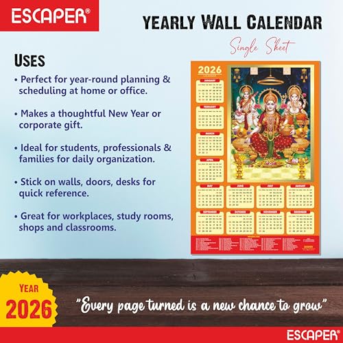 ESCAPER Laxmi Ji Religious Wall Calendar 2026 – 12 x 18 Inch, Laminated Hindu Calendar with Indian Holidays, Spiritual Wall Decor for Home, Office & Temple - Image 3