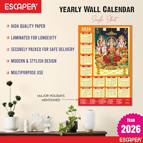 ESCAPER Laxmi Ji Religious Wall Calendar 2026 – 12 x 18 Inch, Laminated Hindu Calendar with Indian Holidays, Spiritual Wall Decor for Home, Office & Temple - Image 2