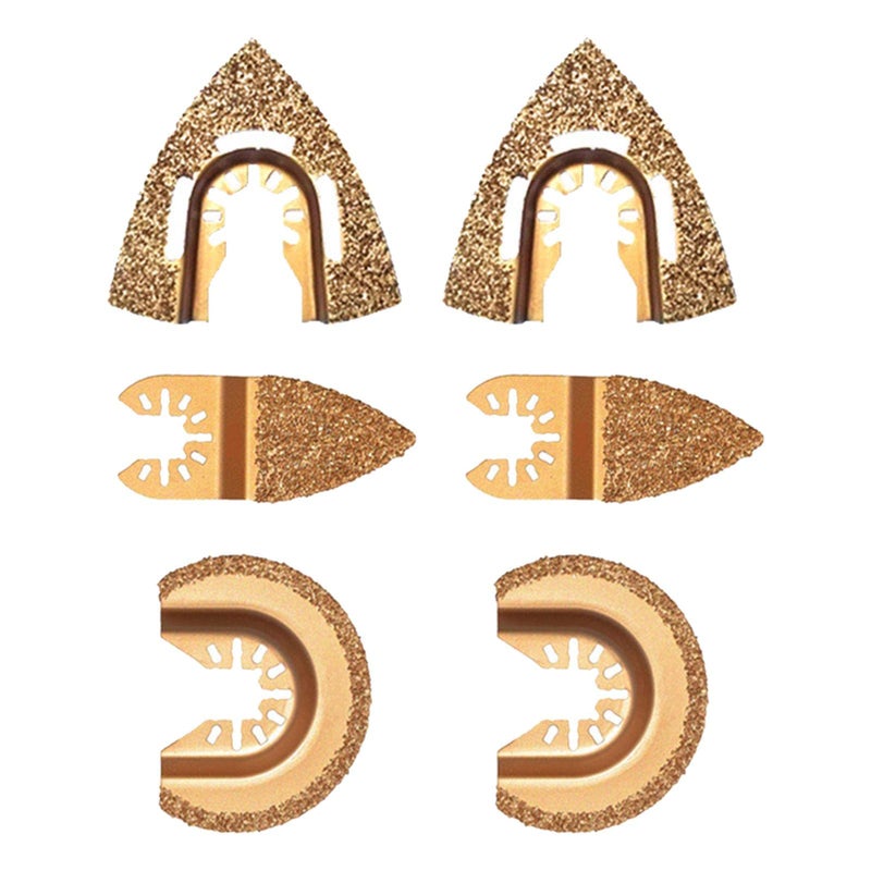 Tookie Oscillating Tool Blades Set, 6pcs Universal Carbide Oscillating Saw Blades Mixed Multitool Saw Blades Semicircle Triangular Finger Kit for Tile Grout Mortar Concrete Masonry(Gold)