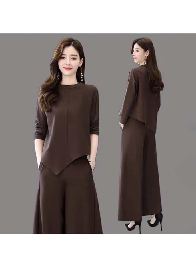 Huitich Women’s Two-Piece Casual Suit – Skirt & Pants Combo – Slim Fit, Asymmetrical Hem – Brown (Size L) - Image 5