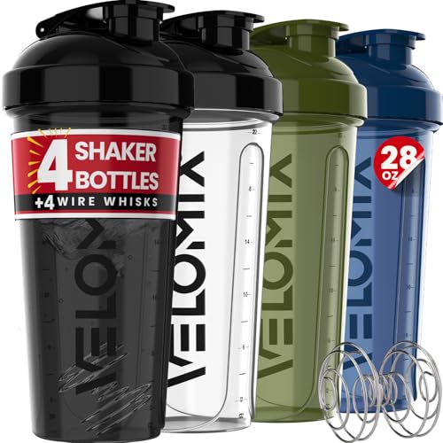 VELOMIX -4 PACK- 28 oz Protein Shaker Bottle for Protein Mixes - 4x Wire Whisk | Leak Proof Shaker Cups for Protein Shakes | Protein Shaker Bottle Pack | Protein Shake Cup (NeoCool Pack) - Image 1