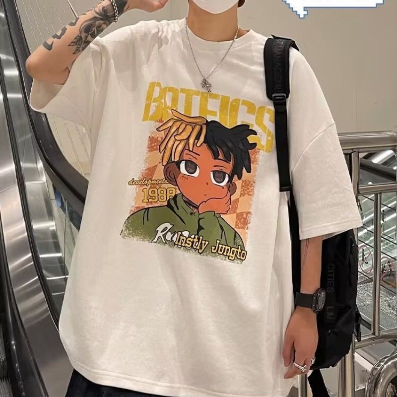 Trendy Cartoon Short-sleeved T-shirt Boys Summer American Retro Popular Brand Loose Hip-hop High Street Large Size Half-sleeved T-shirt - Image 3