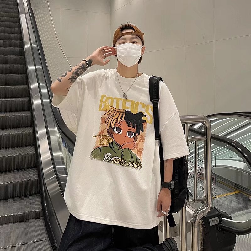 Trendy Cartoon Short-sleeved T-shirt Boys Summer American Retro Popular Brand Loose Hip-hop High Street Large Size Half-sleeved T-shirt - Image 1