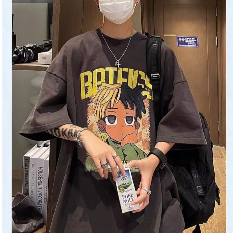 Trendy Cartoon Short-sleeved T-shirt Boys Summer American Retro Popular Brand Loose Hip-hop High Street Large Size Half-sleeved T-shirt - Image 2