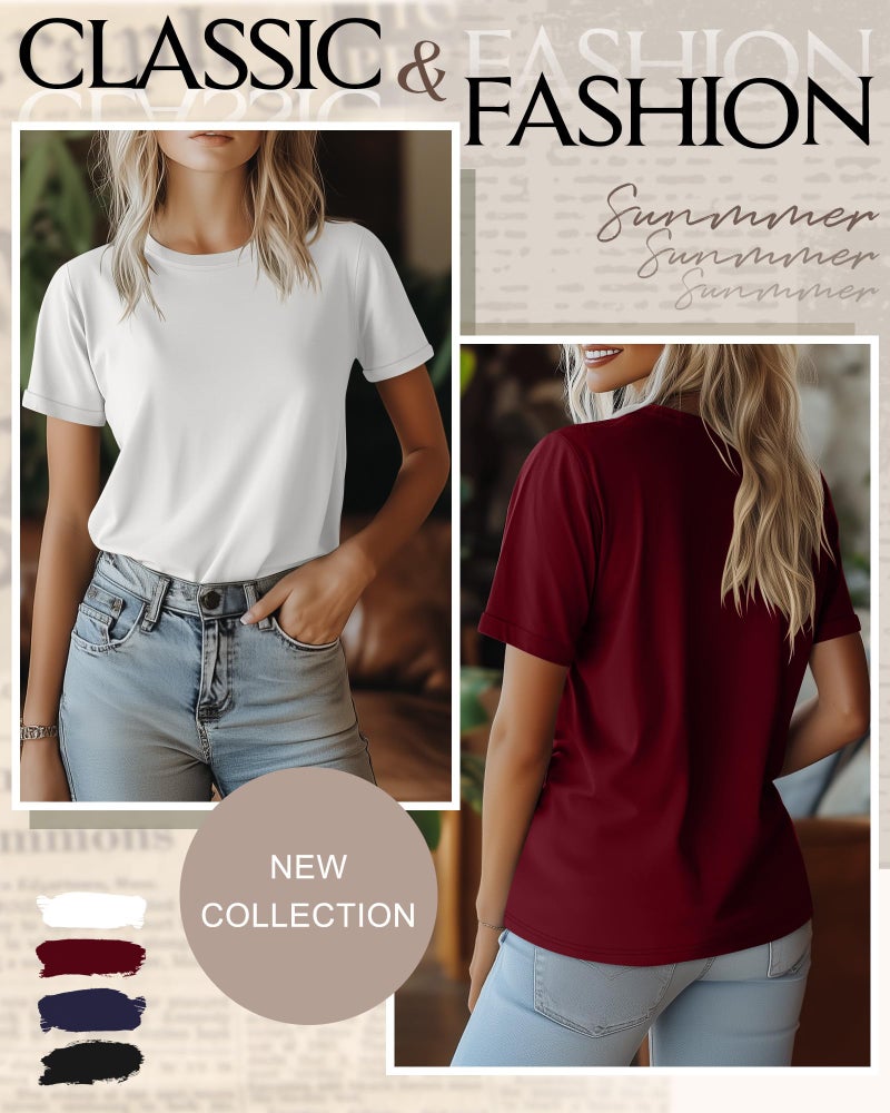 Ficerd 4 Pack Women's Cotton T Shirts Casual Short Sleeve Tunic Tops Crewneck Plain Summer Loose Fit Rolled Sleeve Basic Tee(Small,Black, White, Navy Blue, Wine Red) - Image 4