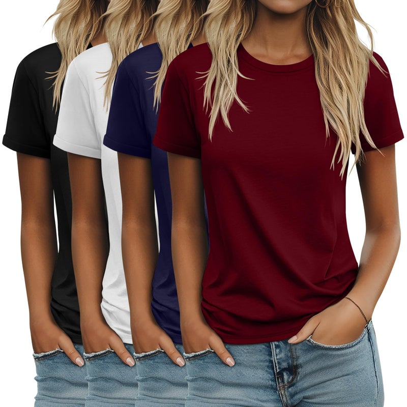 Ficerd 4 Pack Women's Cotton T Shirts Casual Short Sleeve Tunic Tops Crewneck Plain Summer Loose Fit Rolled Sleeve Basic Tee(Small,Black, White, Navy Blue, Wine Red) - Image 1