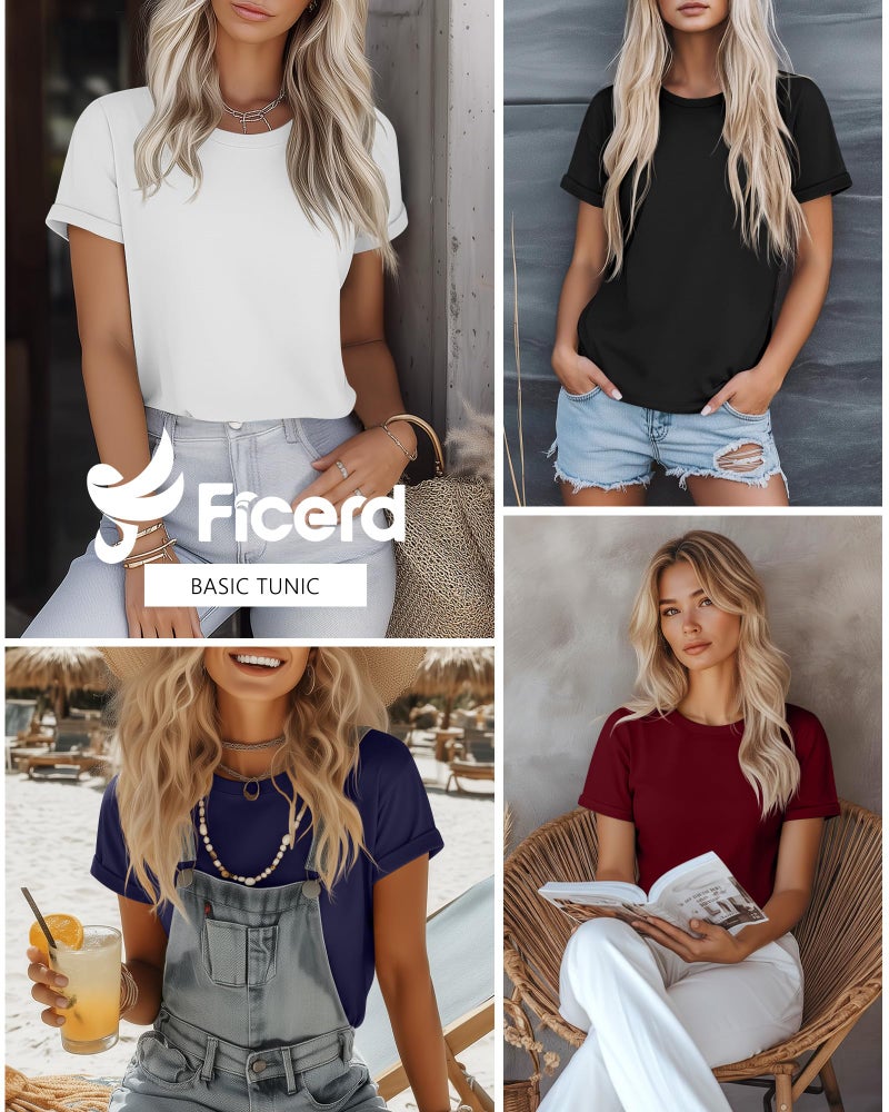 Ficerd 4 Pack Women's Cotton T Shirts Casual Short Sleeve Tunic Tops Crewneck Plain Summer Loose Fit Rolled Sleeve Basic Tee(Small,Black, White, Navy Blue, Wine Red) - Image 2