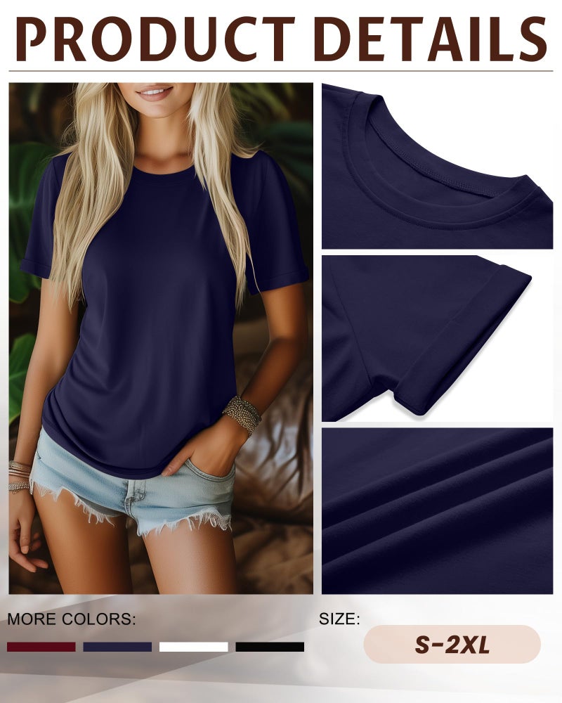 Ficerd 4 Pack Women's Cotton T Shirts Casual Short Sleeve Tunic Tops Crewneck Plain Summer Loose Fit Rolled Sleeve Basic Tee(Small,Black, White, Navy Blue, Wine Red) - Image 5
