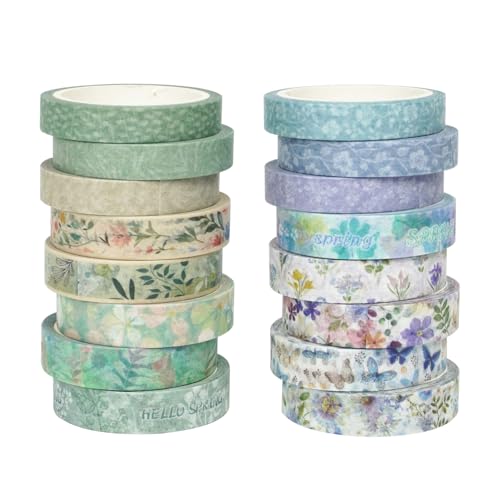 Zellykool Floral Washi Tape Set 16 Rolls, Flower Spring Decorative Paper Sticker for Planner Scrapbook Journal DIY Arts Craft - Image 1