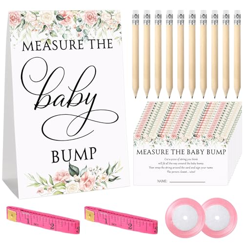 Fumete 65 Pcs Baby Shower Game Set Include Flowers Measure The Baby Bump Sign 50 Guessing Cards 10 Pencils 2 Pink Measuring Tapes and 2 Pink Ribbon for Gender Reveal Party Game - Image 1