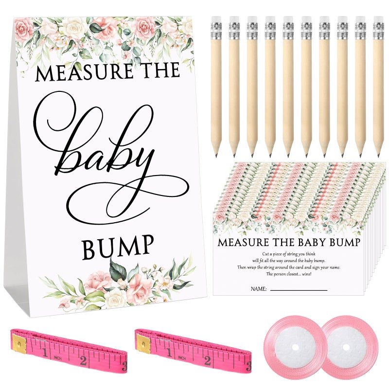 Fumete 65 Pcs Baby Shower Game Set Include Flowers Measure The Baby Bump Sign 50 Guessing Cards 10 Pencils 2 Pink Measuring Tapes and 2 Pink Ribbon for Gender Reveal Party Game - Image 2